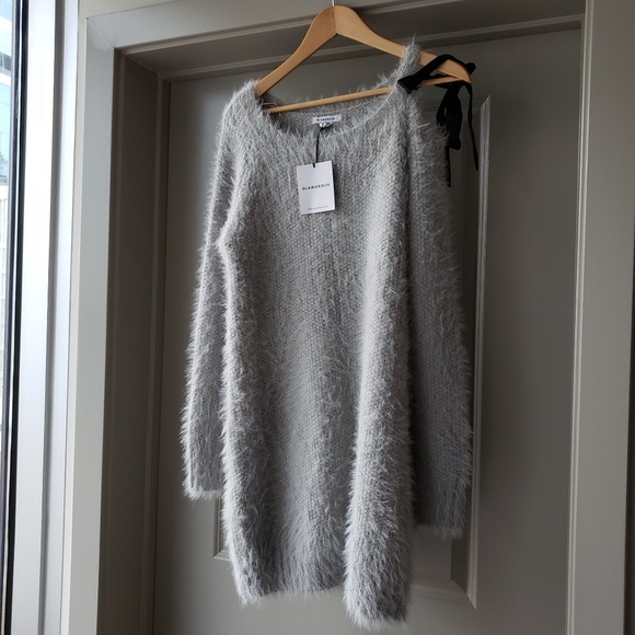 Nasty Gal Cleo Fuzzy Sweater Dress w Shoulder Bow - Picture 4 of 8